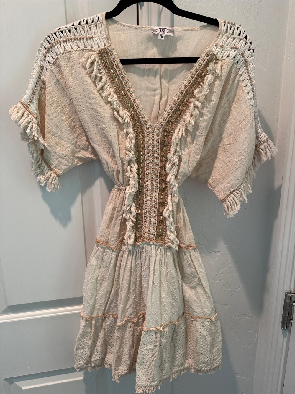 Neutral Tassel-Trim Mini Dress with Embroidered V-Neck